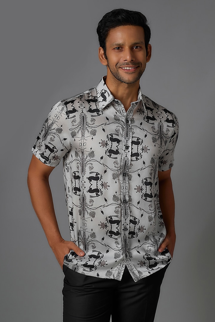 Grey Modal Satin Digital Printed Shirt by Payal Singhal Men