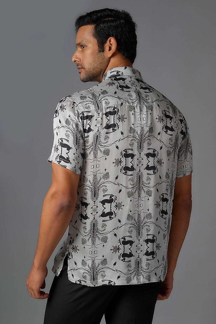 Grey Modal Satin Digital Printed Party Wear Shirt by Payal Singhal Men at Pernia's Pop Up Shop