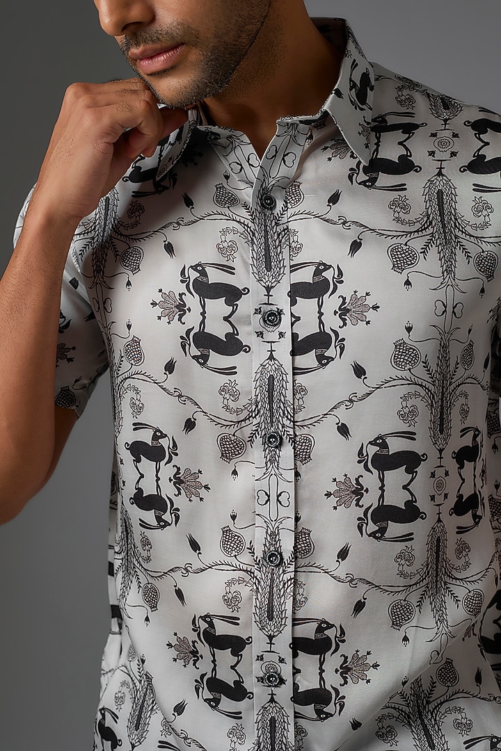 Grey Modal Satin Digital Printed Party Wear Shirt by Payal Singhal Men at Pernia's Pop Up Shop