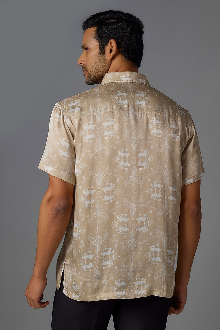 Beige Modal Satin Digital Printed Party Wear Shirt by Payal Singhal Men at Pernia's Pop Up Shop