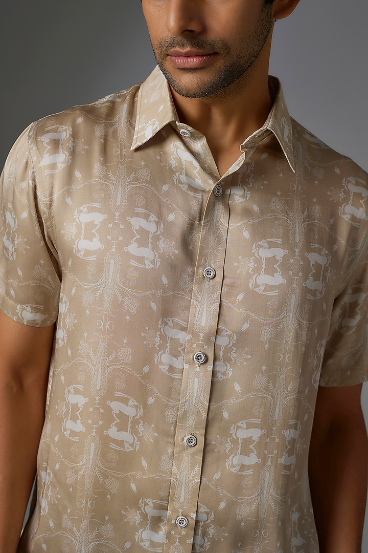 Beige Modal Satin Digital Printed Party Wear Shirt by Payal Singhal Men at Pernia's Pop Up Shop