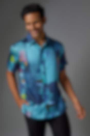 Teal Modal Satin Digital Printed Shirt by Payal Singhal Men