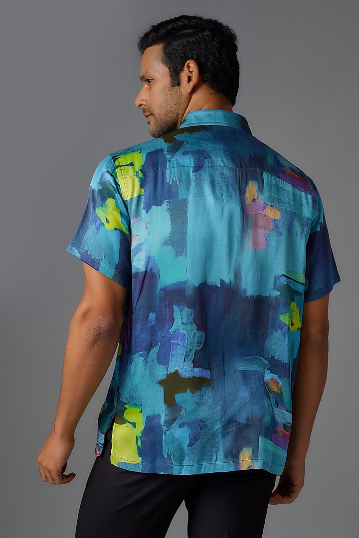 Teal Modal Satin Digital Printed Party Wear Shirt by Payal Singhal Men at Pernia's Pop Up Shop