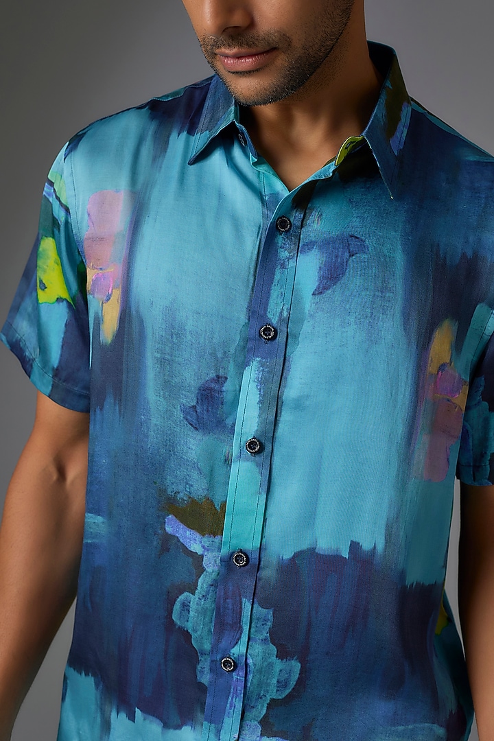 Teal Modal Satin Digital Printed Party Wear Shirt by Payal Singhal Men at Pernia's Pop Up Shop