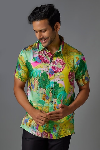 Yellow Modal Satin Digital Printed Shirt by Payal Singhal Men