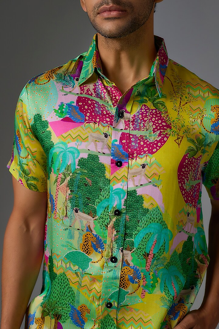 Yellow Modal Satin Digital Printed Party Wear Shirt by Payal Singhal Men at Pernia's Pop Up Shop