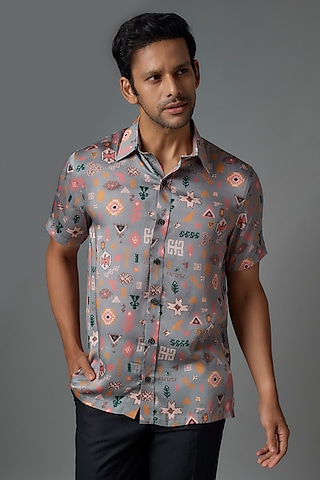 Grey Modal Satin Digital Printed Shirt by Payal Singhal Men