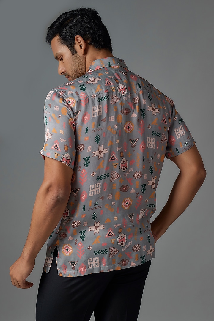 Grey Modal Satin Digital Printed Party Wear Shirt by Payal Singhal Men at Pernia's Pop Up Shop