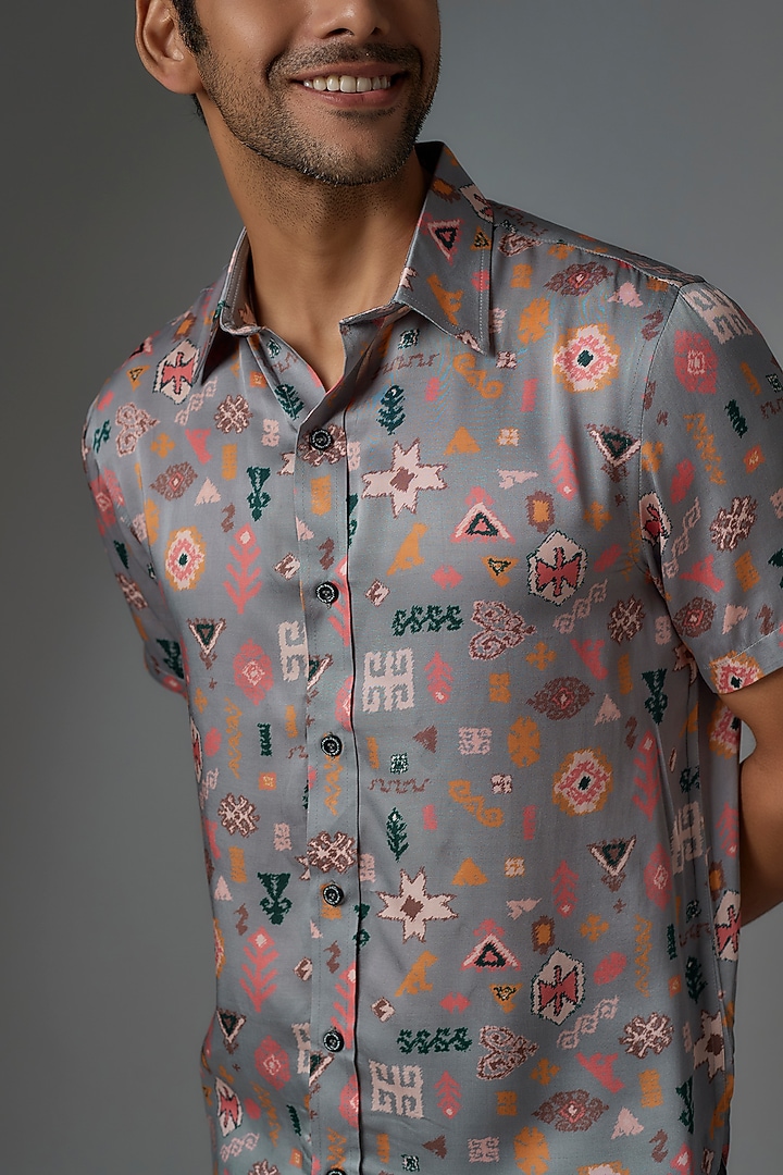Grey Modal Satin Digital Printed Party Wear Shirt by Payal Singhal Men at Pernia's Pop Up Shop