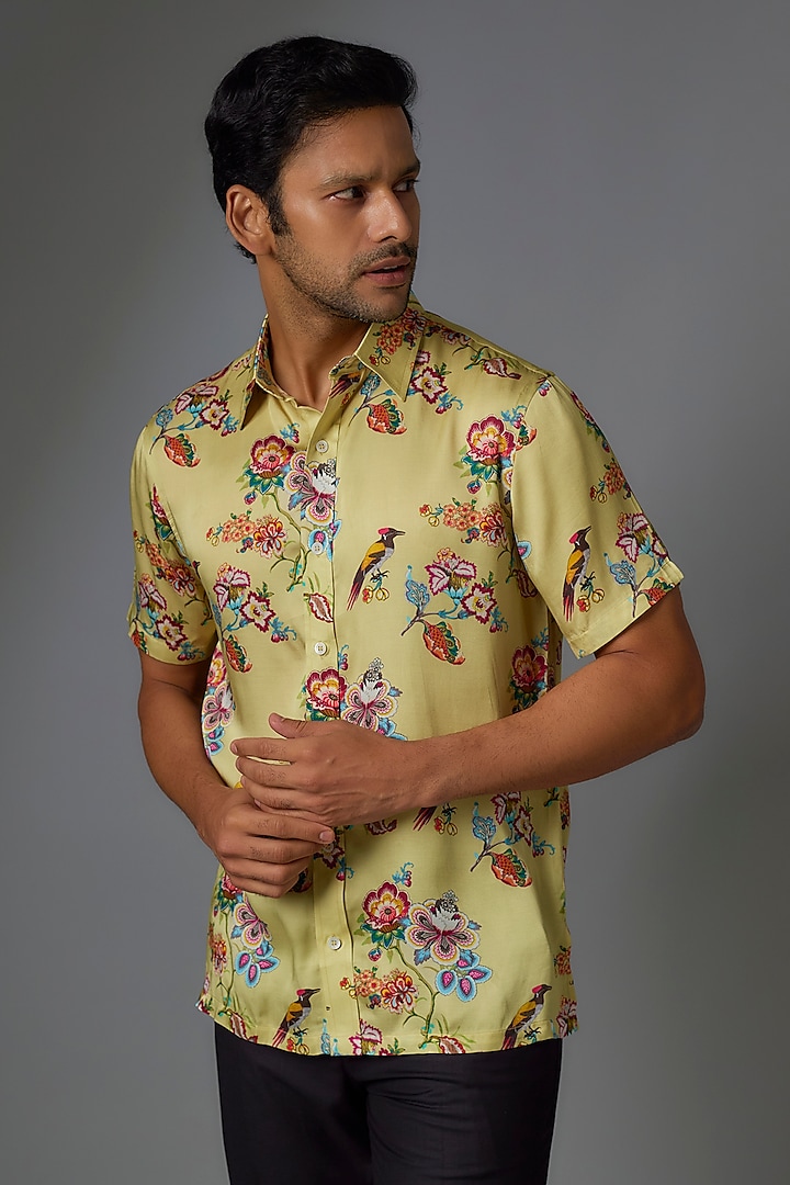 Mustard Modal Satin Digital Printed Shirt by Payal Singhal Men at Pernia's Pop Up Shop