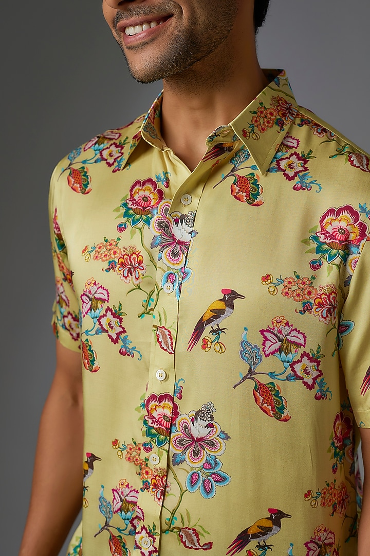 Mustard Modal Satin Digital Printed Party Wear Shirt by Payal Singhal Men at Pernia's Pop Up Shop
