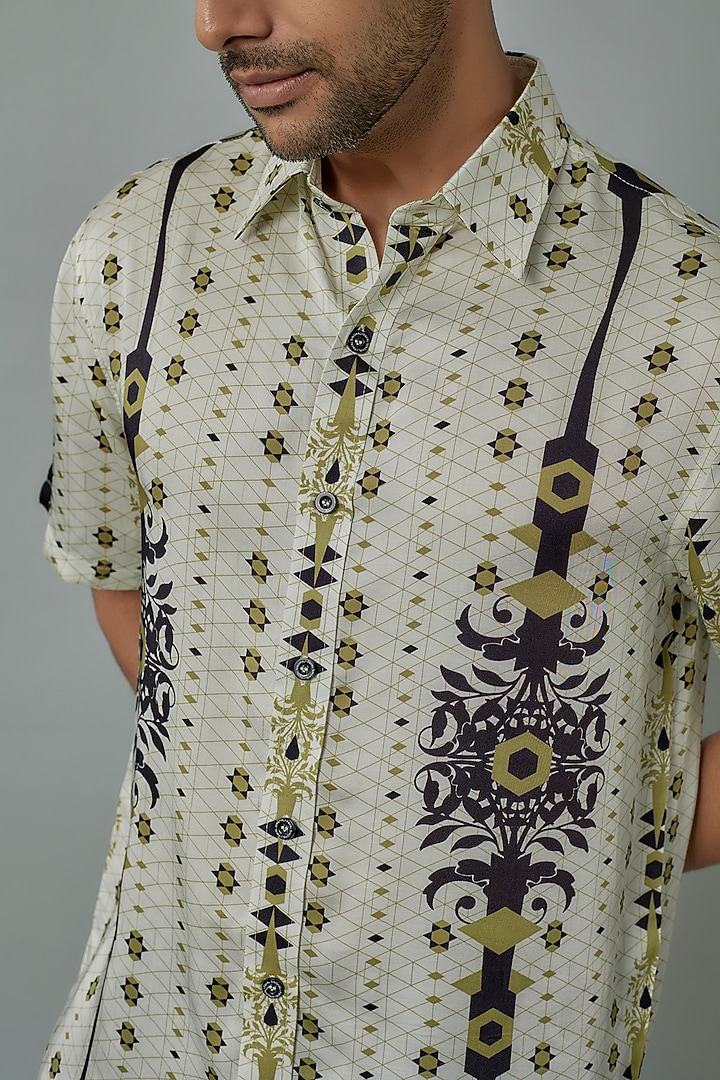 Ivory Modal Satin Digital Printed Shirt by Payal Singhal Men at Pernia's Pop Up Shop
