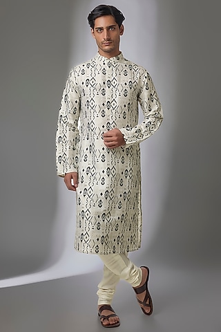 Off-White Silk Kurta Set by Payal Singhal Men
