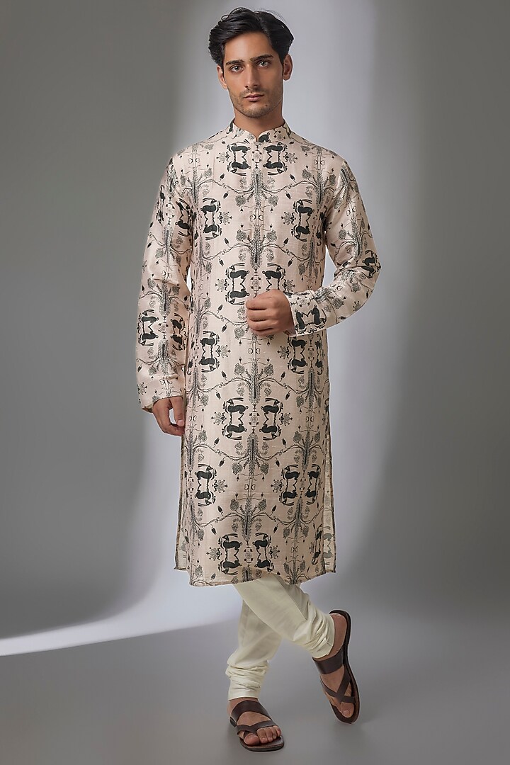 Stone-Colored Silk Kurta Set by Payal Singhal Men at Pernia's Pop Up Shop