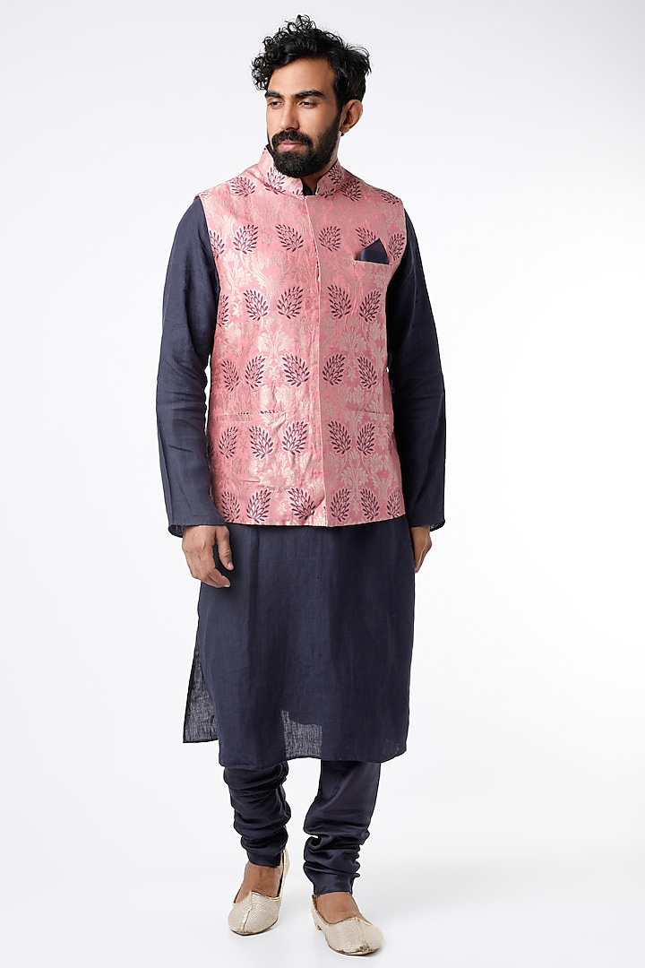 Purple Kurta Set With Pink Bundi Jacket by Payal Singhal Men