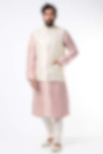 Rose Pink Kurta Set With Off White Bundi Jacket by Payal Singhal Men