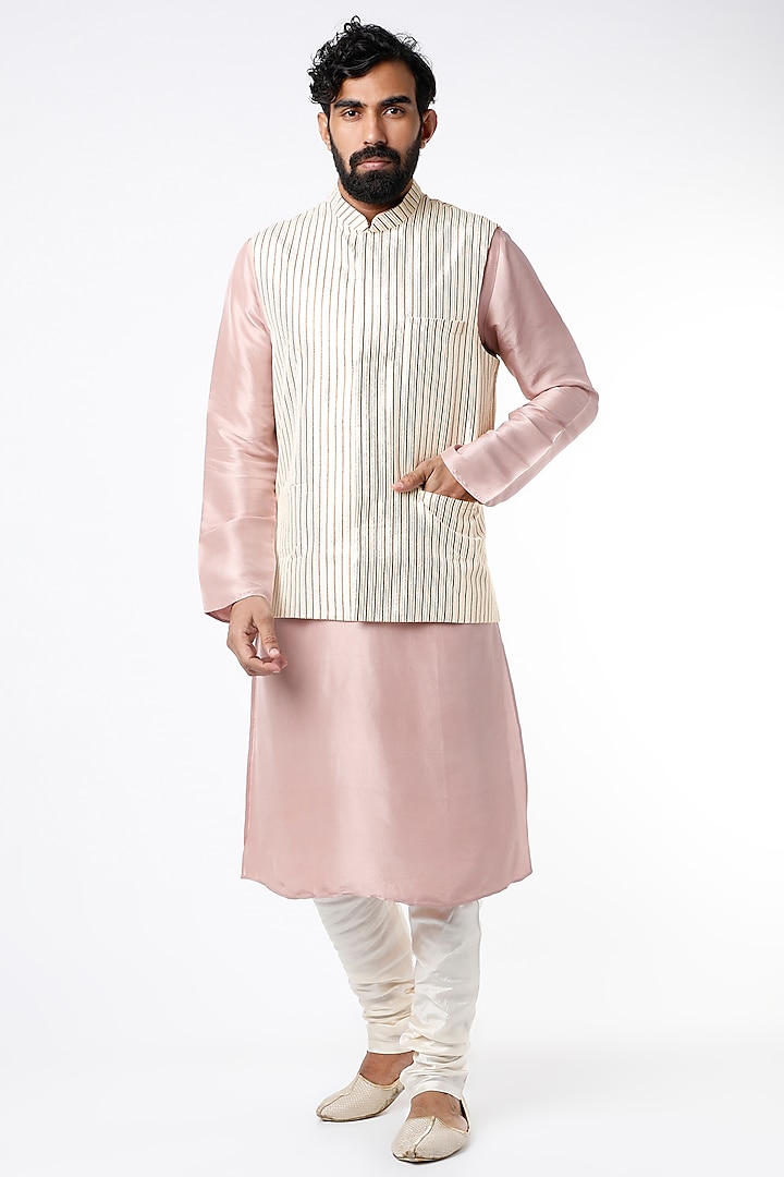 Rose Pink Kurta Set With Off White Bundi Jacket by Payal Singhal Men