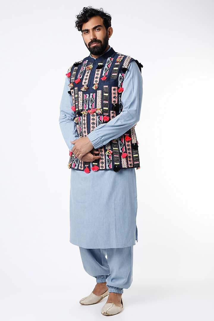 Blue Kurta Set With Navy Blue Bundi Jacket by Payal Singhal Men