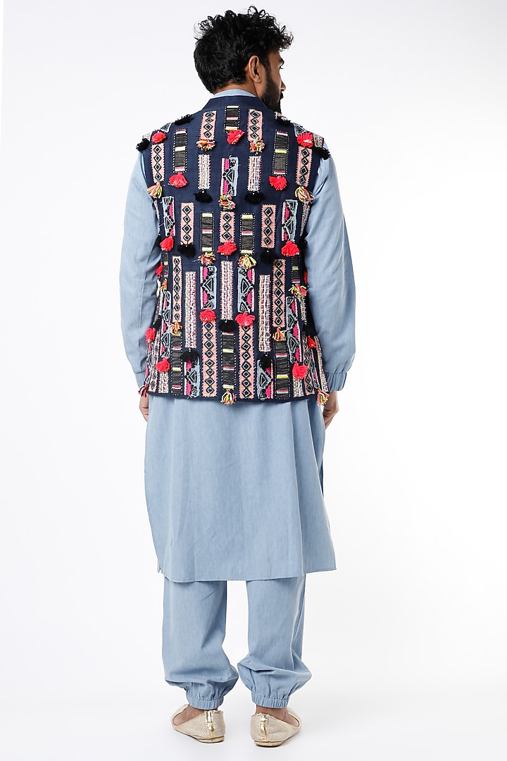 Blue Kurta Set With Navy Blue Bundi Jacket by Payal Singhal Men at Pernia's Pop Up Shop