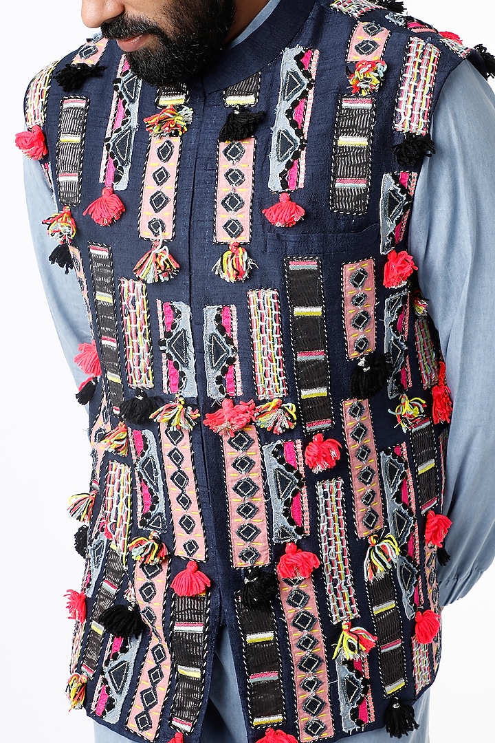Blue Kurta Set With Navy Blue Bundi Jacket by Payal Singhal Men at Pernia's Pop Up Shop