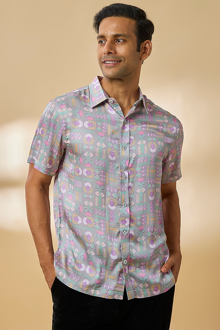 Grey Modal Satin Party Wear Shirt by Payal Singhal Men at Pernia's Pop Up Shop