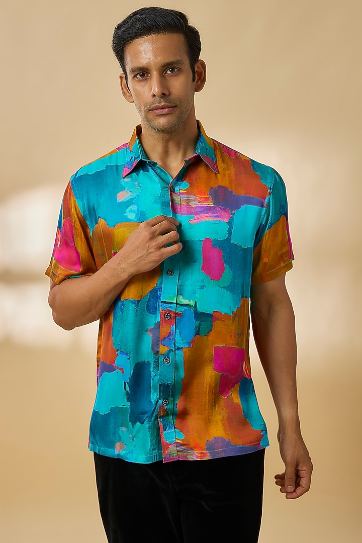 Blue Modal Satin Party Wear Shirt by Payal Singhal Men at Pernia's Pop Up Shop