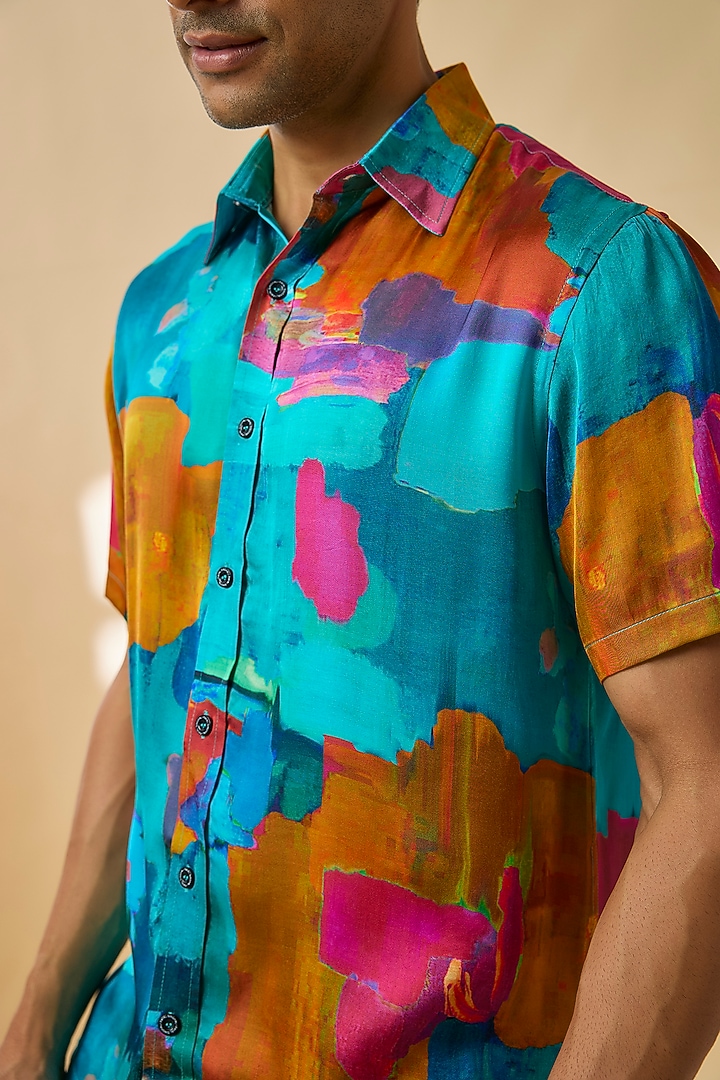 Blue Modal Satin Party Wear Shirt by Payal Singhal Men at Pernia's Pop Up Shop