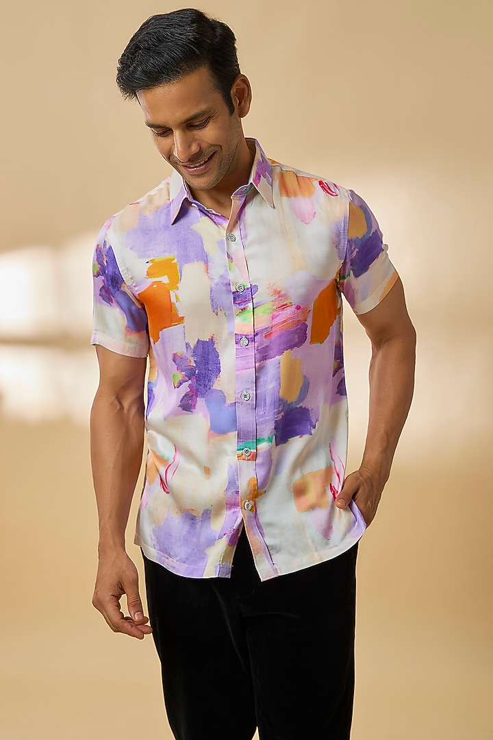 White Modal Satin Party Wear Shirt by Payal Singhal Men at Pernia's Pop Up Shop