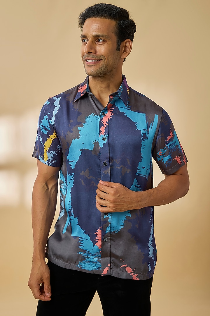 Blue Modal Satin Party Wear Shirt by Payal Singhal Men at Pernia's Pop Up Shop