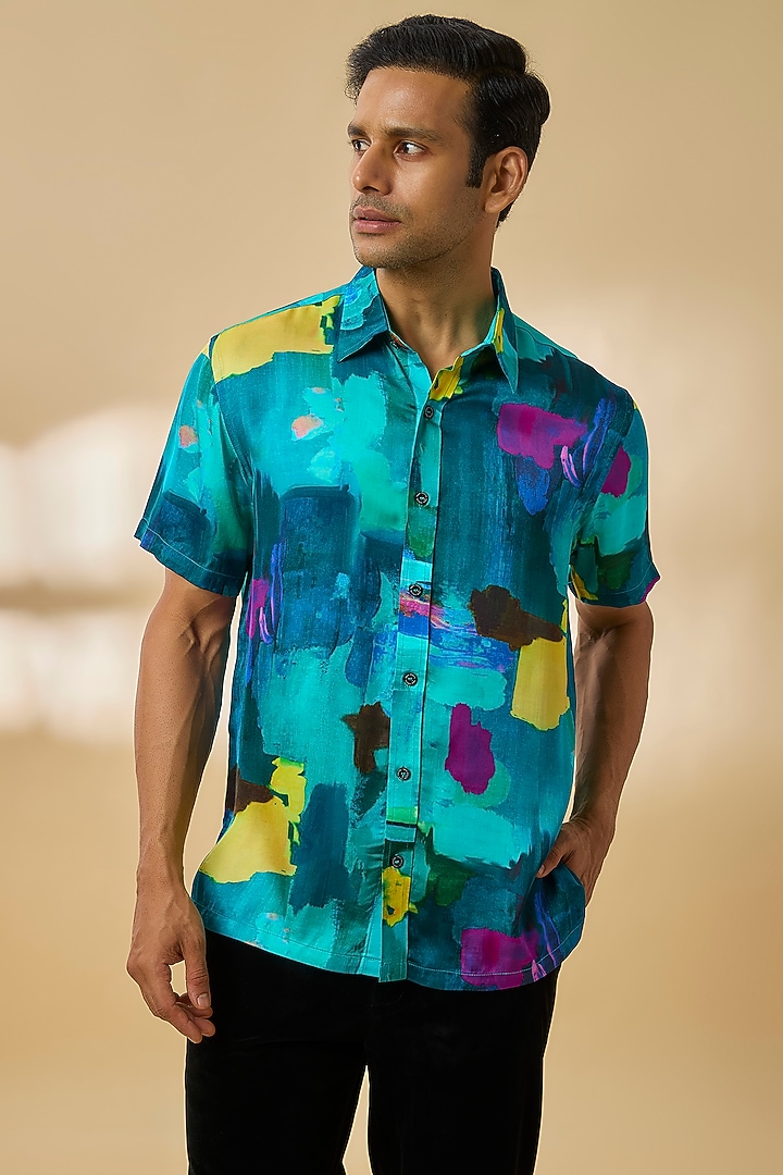 Blue Modal Satin Party Wear Shirt by Payal Singhal Men at Pernia's Pop Up Shop