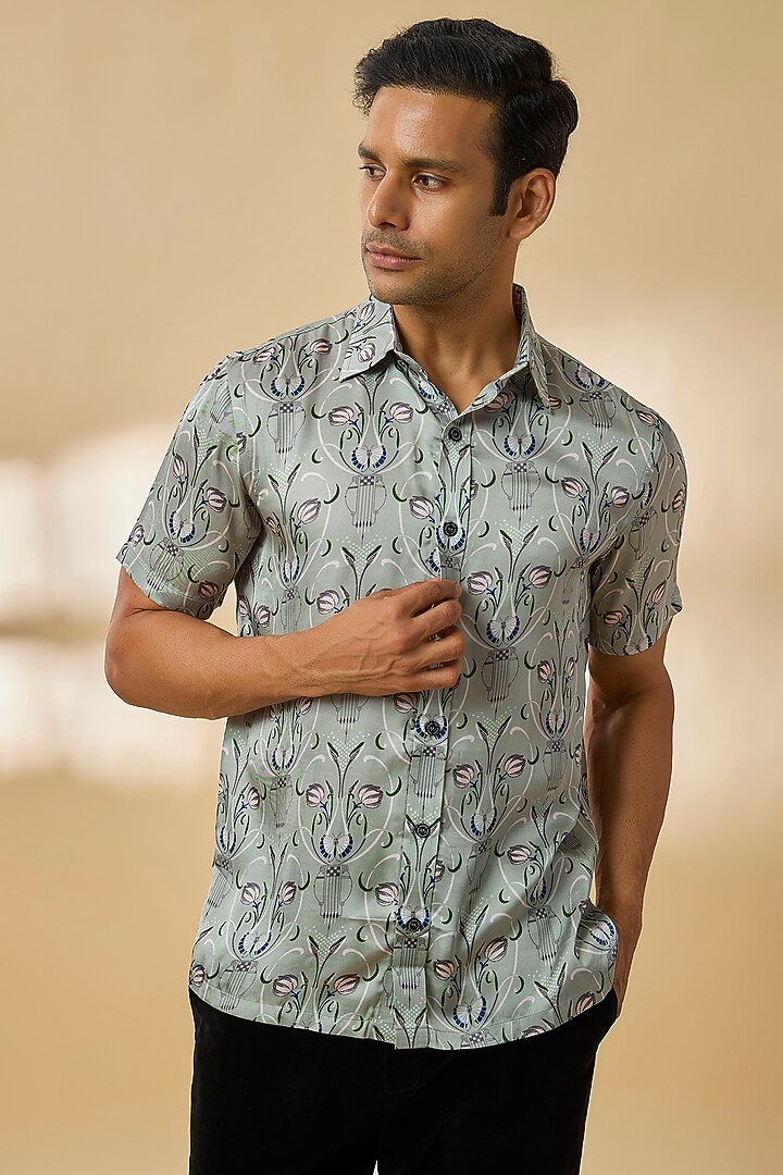 Charcoal Modal Satin Party Wear Shirt by Payal Singhal Men at Pernia's Pop Up Shop