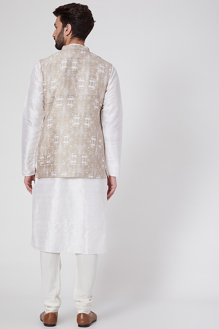 Beige Dupion Silk Printed Bundi Jacket Set by Payal Singhal Men at Pernia's Pop Up Shop