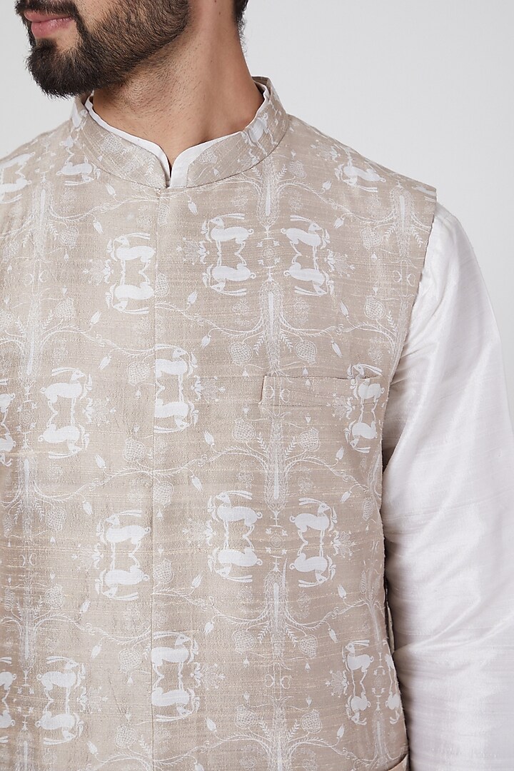 Beige Dupion Silk Printed Bundi Jacket Set by Payal Singhal Men at Pernia's Pop Up Shop