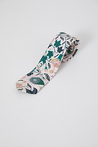 White Floral Printed Tie by Payal Singhal Men