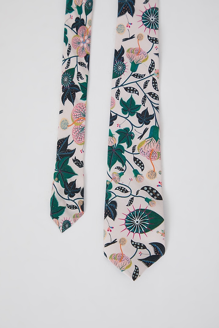 White Floral Printed Tie by Payal Singhal Men at Pernia's Pop Up Shop