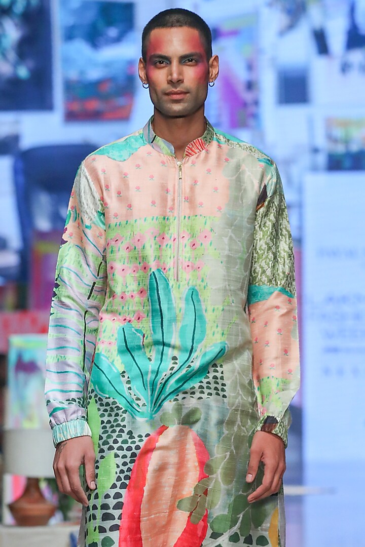 Green Dupion Silk Tropical Printed Kurta Set by Payal Singhal Men at Pernia's Pop Up Shop