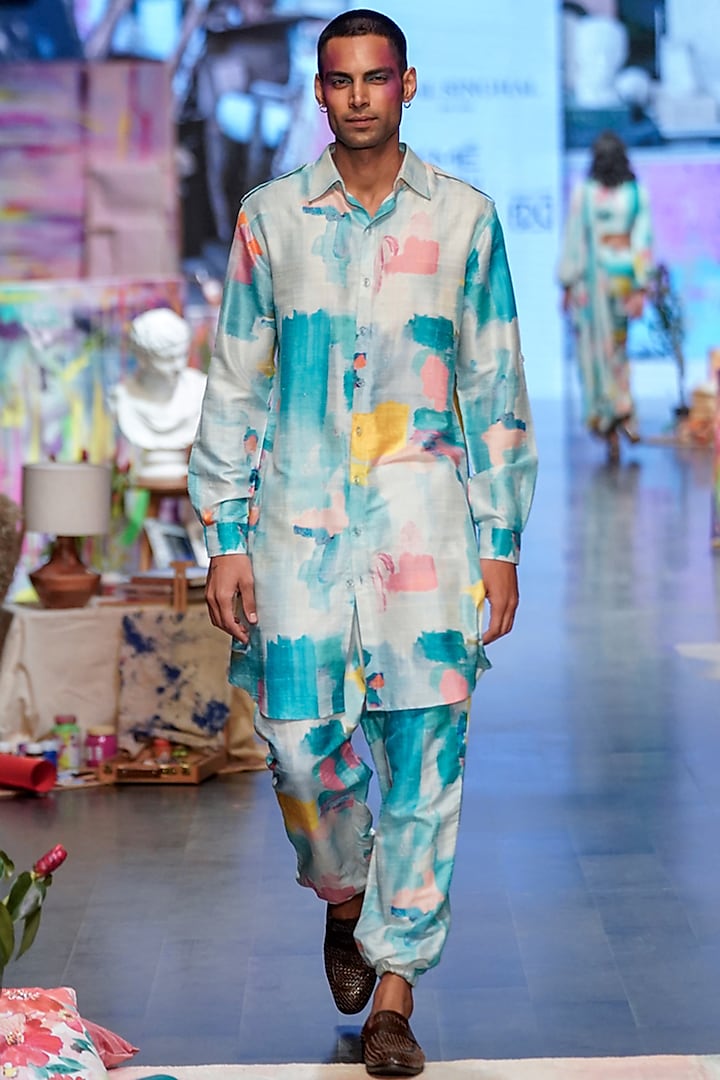 Blue Printed Pathani Kurta Set by Payal Singhal Men