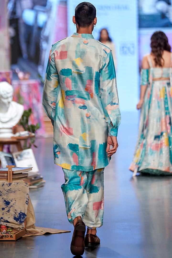 Blue Printed Pathani Kurta Set by Payal Singhal Men at Pernia's Pop Up Shop