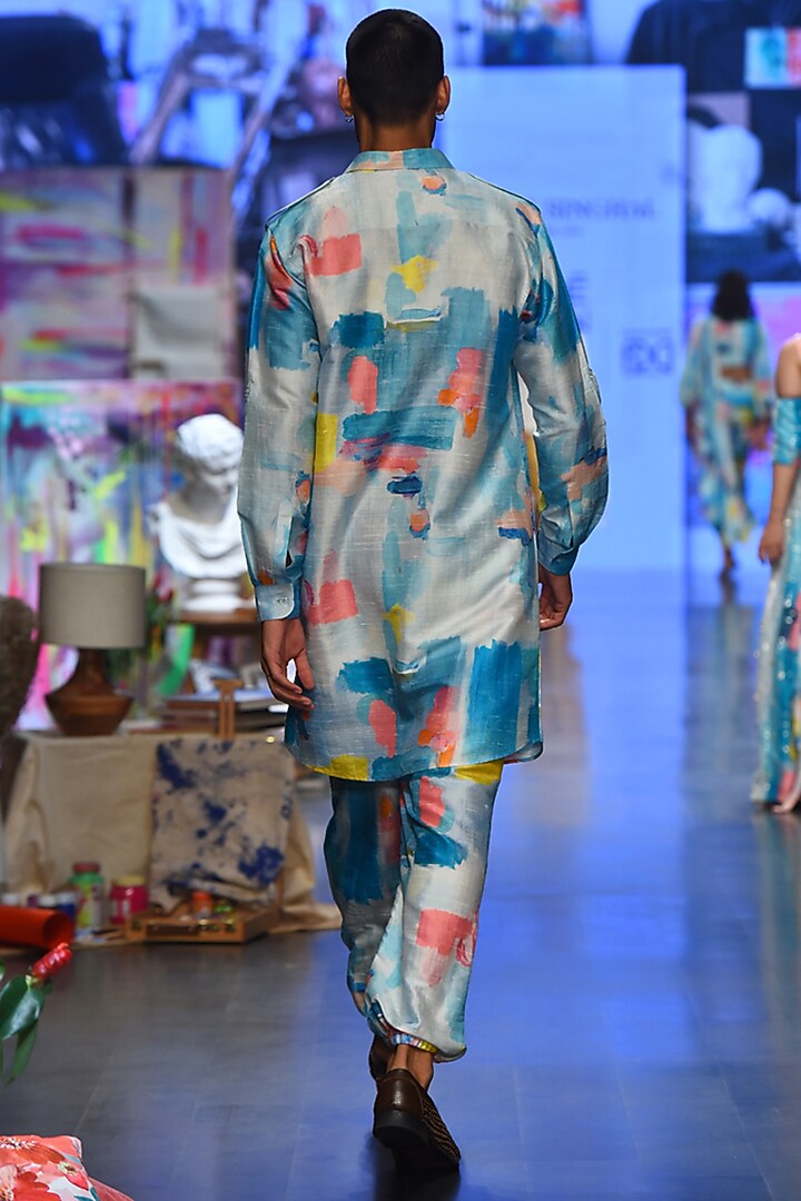 Blue Printed Pathani Kurta Set by Payal Singhal Men at Pernia's Pop Up Shop