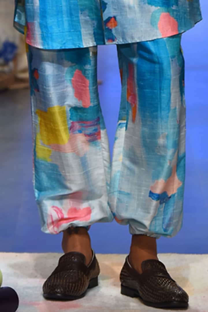 Blue Printed Pathani Kurta Set by Payal Singhal Men at Pernia's Pop Up Shop
