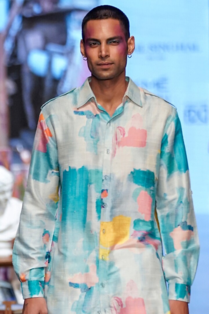 Blue Printed Pathani Kurta Set by Payal Singhal Men at Pernia's Pop Up Shop