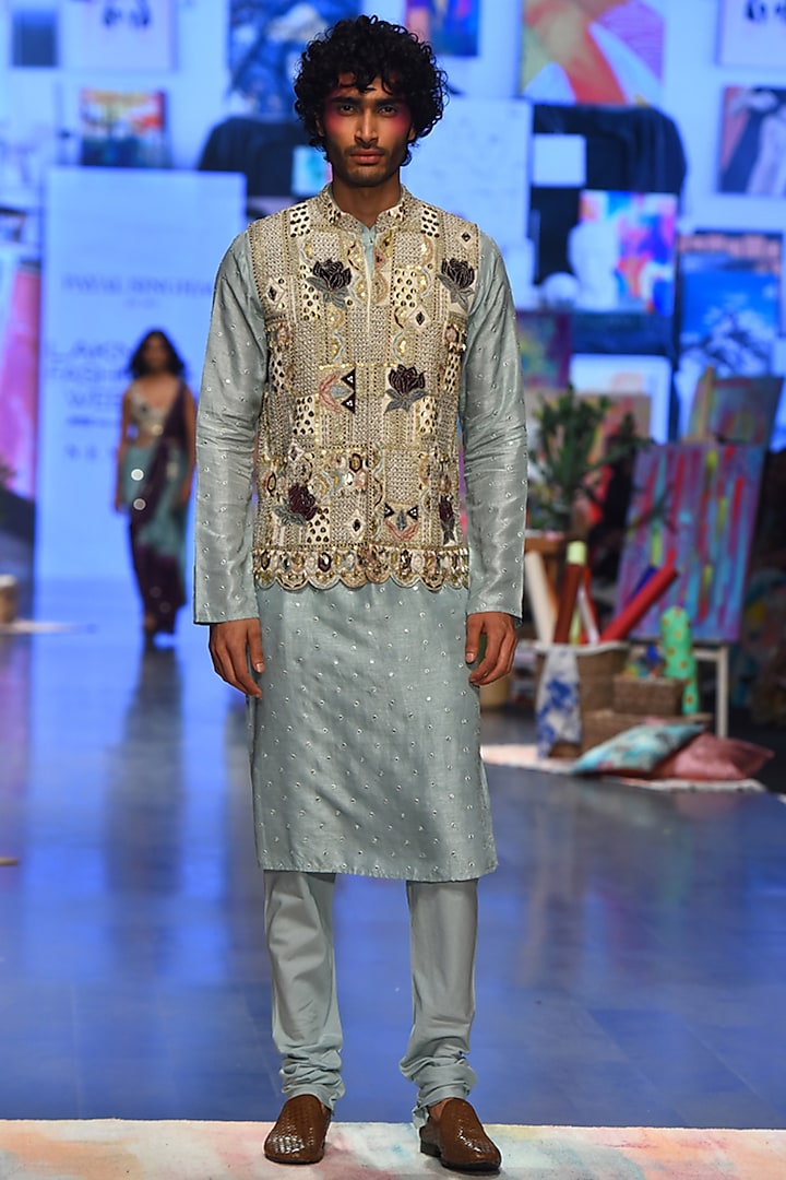 Off-White Embroidered Bundi Jacket With Kurta Set by Payal Singhal Men