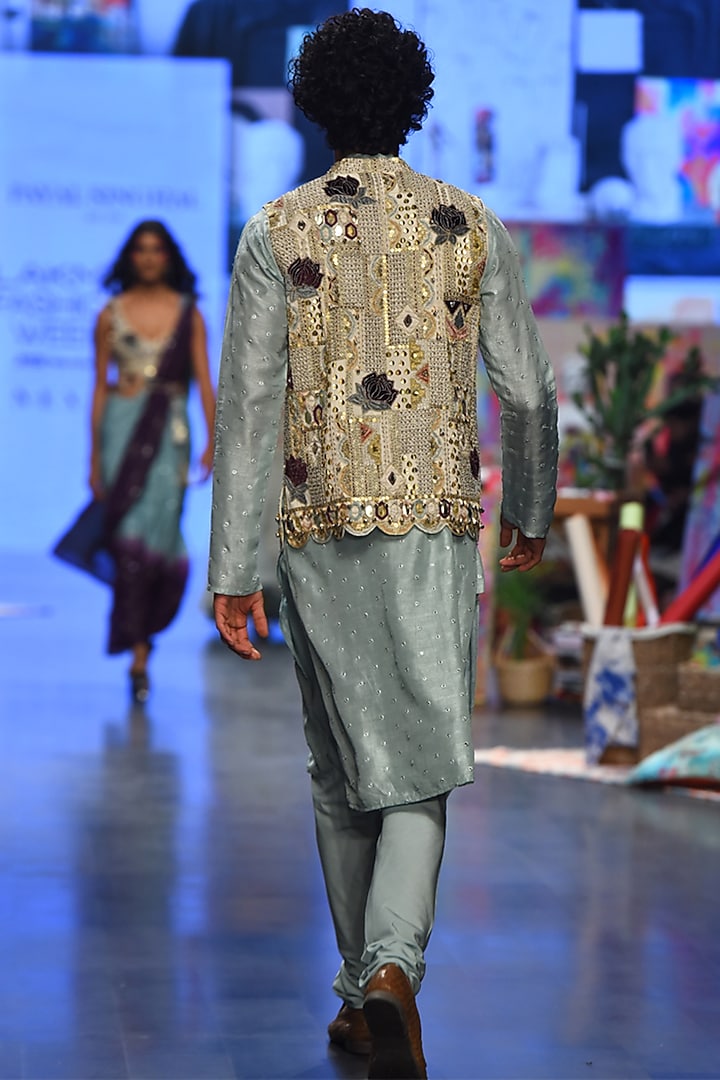 Off-White Georgette Embroidered Bundi Jacket Set by Payal Singhal Men at Pernia's Pop Up Shop