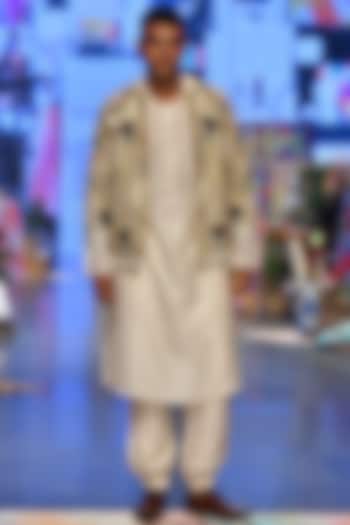 Off-White Embroidered Bomber Jacket With Kurta Set by Payal Singhal Men