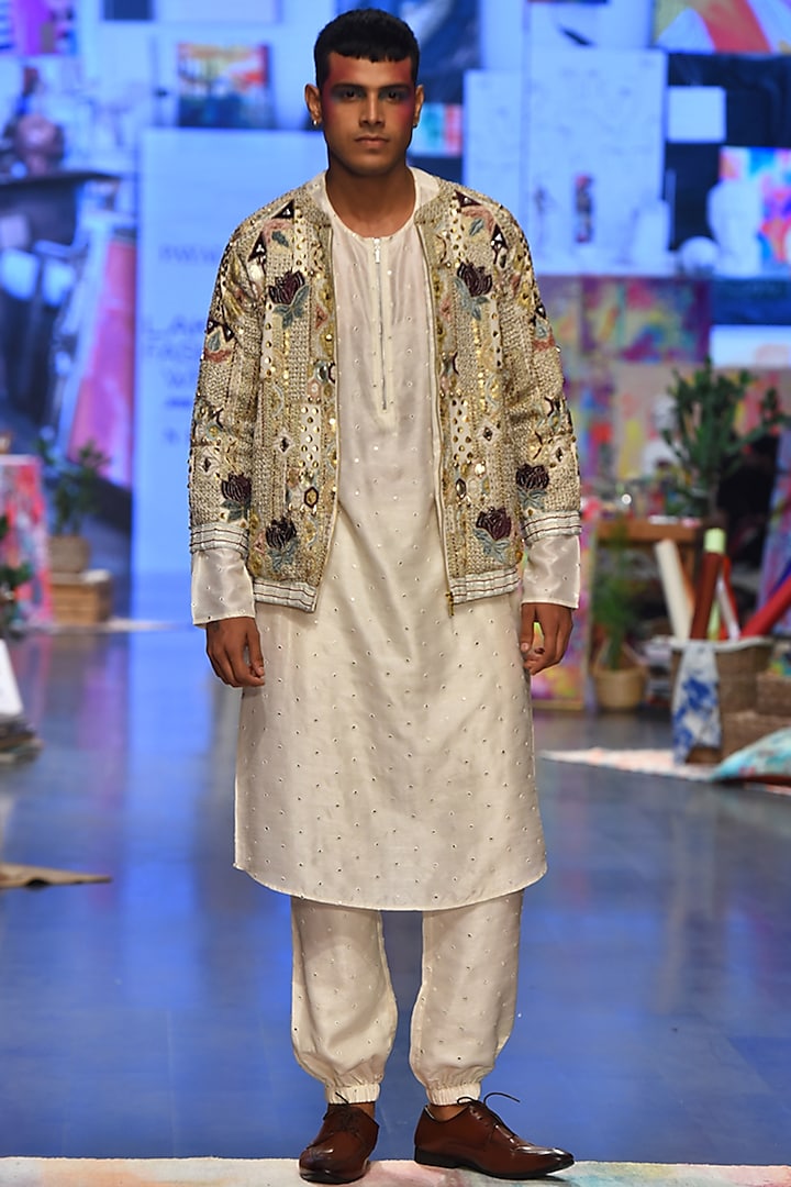 Off-White Embroidered Bomber Jacket With Kurta Set by Payal Singhal Men