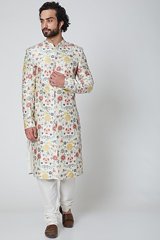 Cream & Off White Floral Printed Sherwani Set by Payal Singhal Men