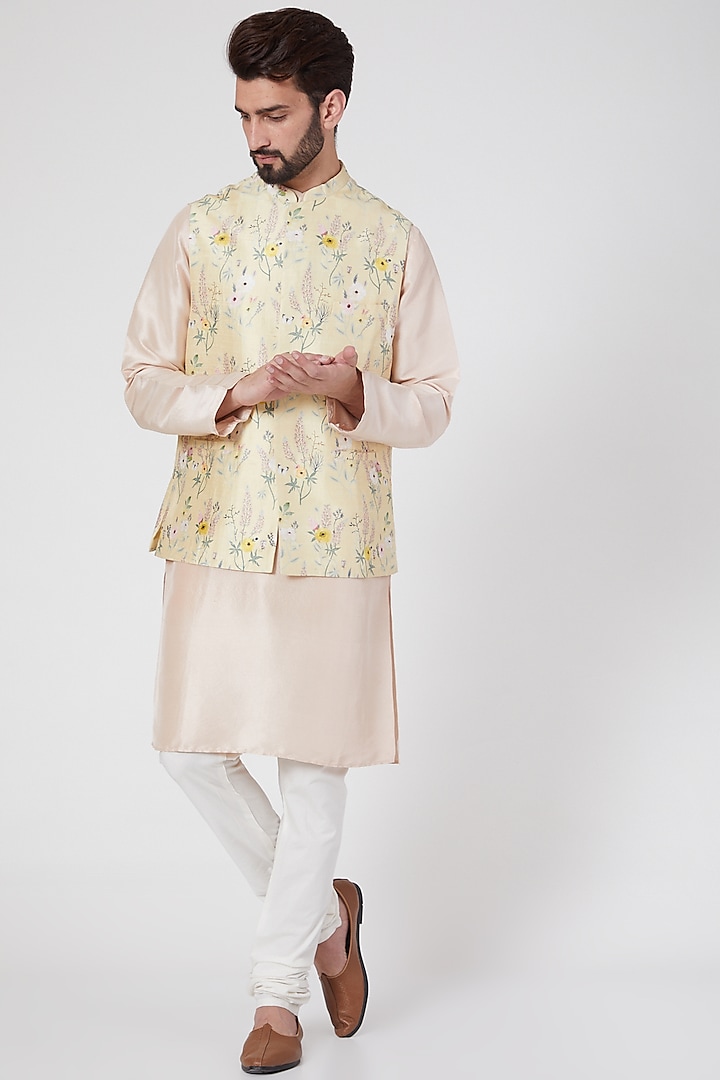 Lime bundi Jacket With Kurta Set by Payal Singhal Men