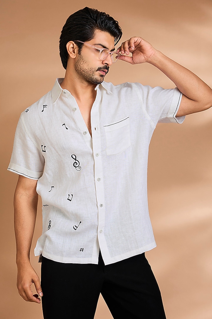 Off-White Linen Party Wear Shirt by Payal Singhal Men at Pernia's Pop Up Shop