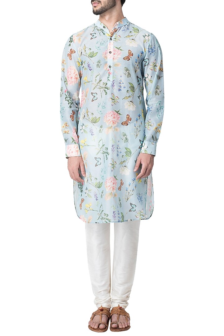 Blue butterfly printed kurta with churidaar pants available only at Pernia's Pop Up Shop.