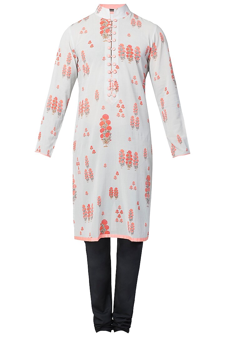 Peach and grey printed kurta with churidaar pants available only at Pernia's Pop Up Shop.